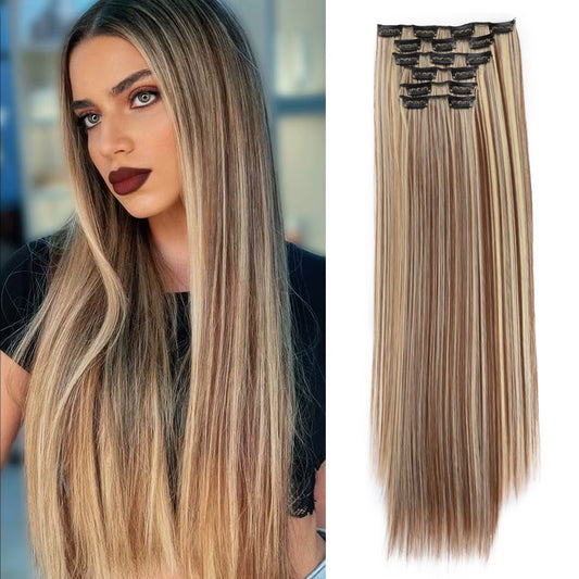 24-Inch Clip-In Synthetic Hair Extensions - 6Pcs Natural Straight Hairpieces for Women & Girls