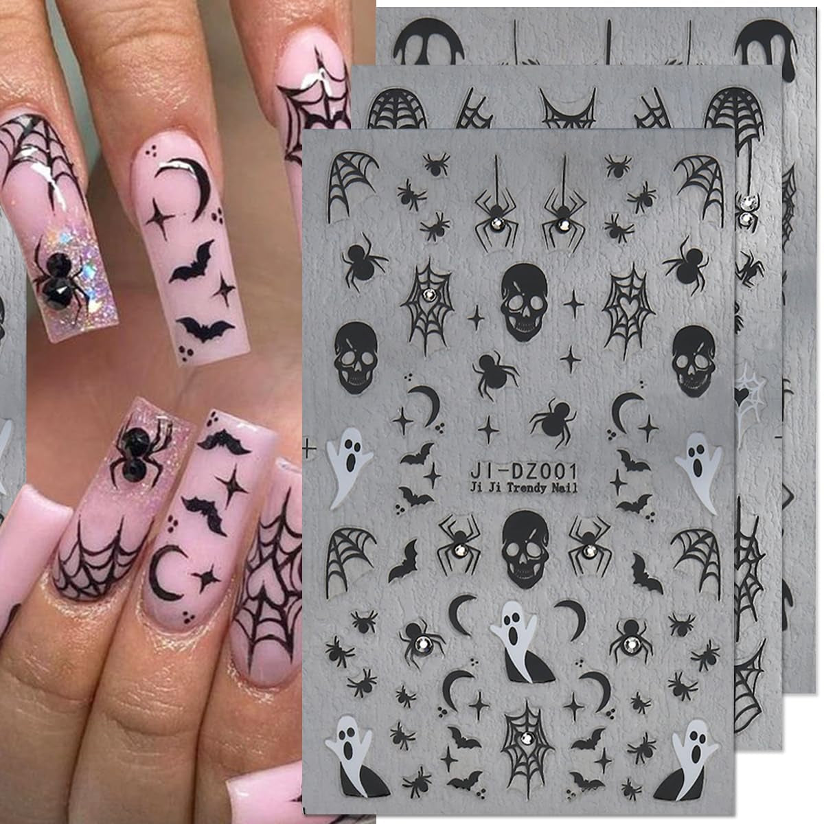 3D Halloween Nail Art Stickers with Rhinestones - Spider Web, Skull, Ghost Desig image 0